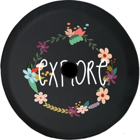 Black Tire Covers - Tire Accessories for Campers, SUVs, Trailers, Trucks, RVs and More | Explore Circular Floral Pattern Black 33 Inch with Backup Camera Hole