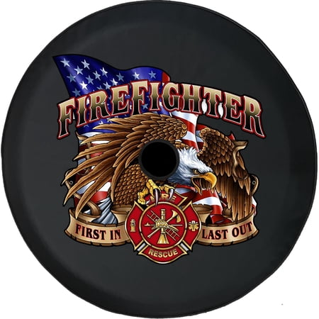 Black Tire Covers - Tire Accessories for Campers, SUVs, Trailers, Trucks, RVs and More | First in Last Out Fire Rescue Eagle Black 33 Inch with Backup Camera Hole