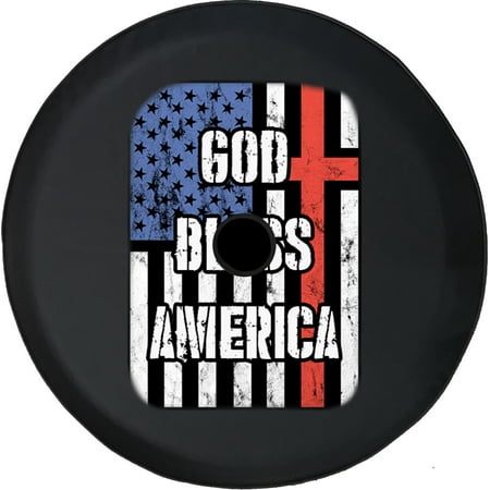 Black Tire Covers - Tire Accessories for Campers, SUVs, Trailers, Trucks, RVs and More | God Bless America Flag Cross Black 33 Inch with Backup Camera Hole