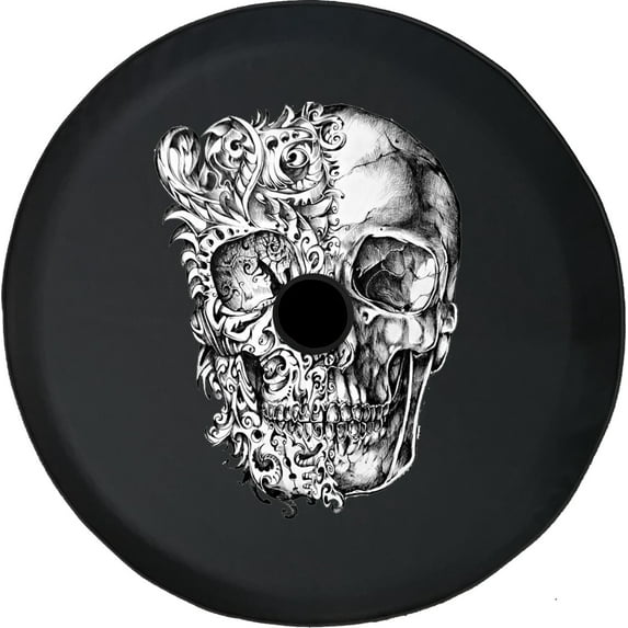 Black Tire Covers - Tire Accessories for Campers, SUVs, Trailers, Trucks, RVs and More | Gothic Vintage Tattoo Style Skull Black 32 Inch With Backup Camera Hole
