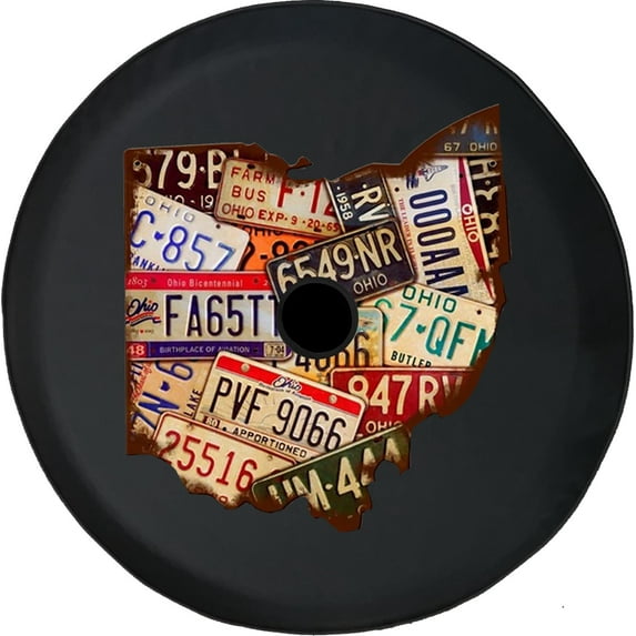 Black Tire Covers - Tire Accessories for Campers, SUVs, Trailers, Trucks, RVs and More | Historic Ohio License Plate Black 33 Inch with Backup Camera Hole