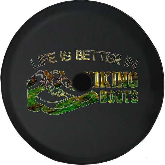 Black Tire Covers - Tire Accessories for Campers, SUVs, Trailers, Trucks, RVs and More | Life is Better in Hiking Boots Black 32 Inch With Backup Camera Hole