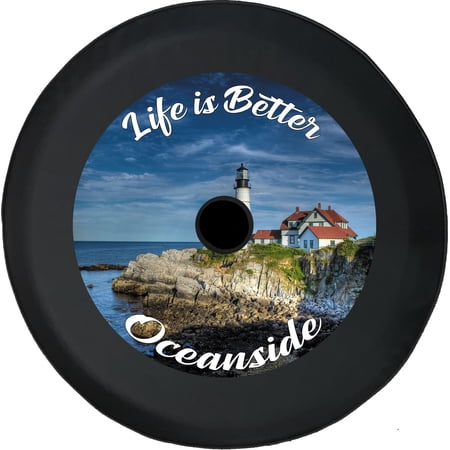 Black Tire Covers - Tire Accessories for Campers, SUVs, Trailers, Trucks, RVs and More | Life is Better Lighthouse Black 32 Inch With Backup Camera Hole
