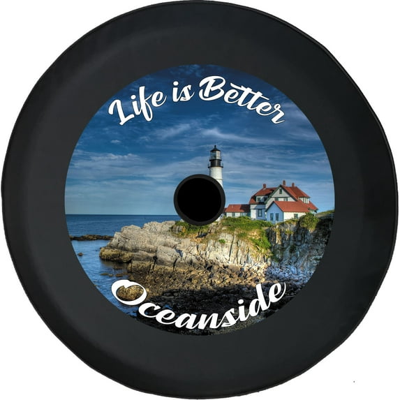 Black Tire Covers - Tire Accessories for Campers, SUVs, Trailers, Trucks, RVs and More | Life is Better Lighthouse Black 32 Inch With Backup Camera Hole