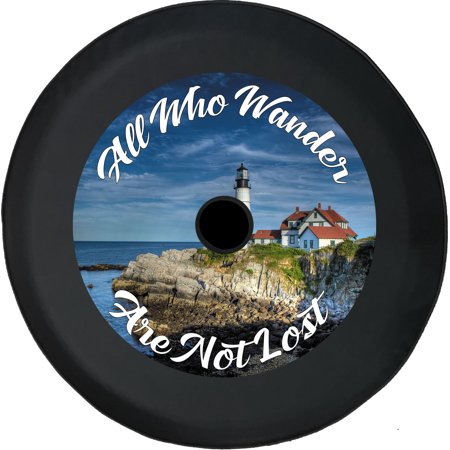 Black Tire Covers - Tire Accessories for Campers, SUVs, Trailers, Trucks, RVs and More | Lighthouse All Who Wander are Not Lost Black 33 Inch with Backup Camera Hole