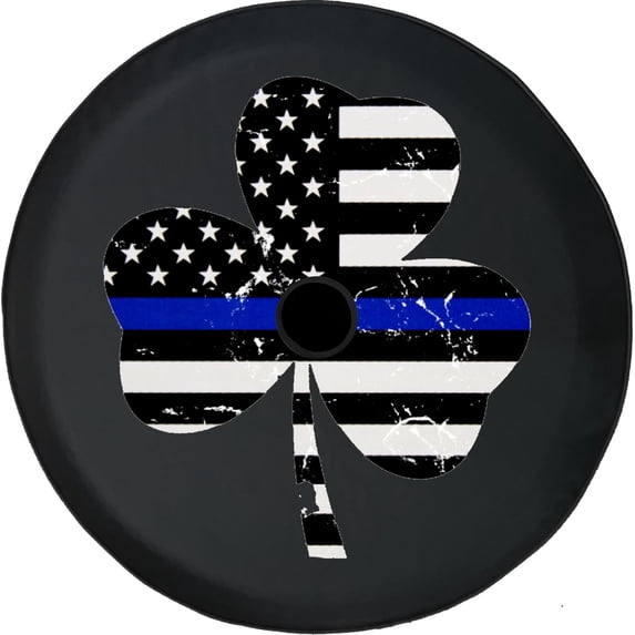 Black Tire Covers - Tire Accessories for Campers, SUVs, Trailers, Trucks, RVs and More | Lucky Shamrock Police Flag USA Black 33 Inch with Backup Camera Hole
