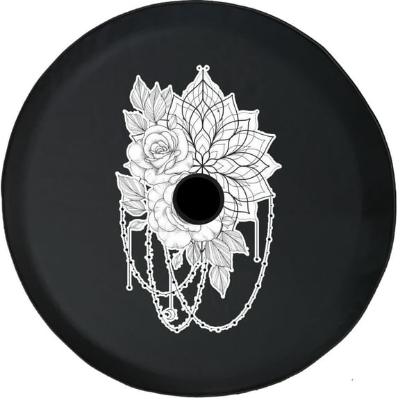 Black Tire Covers - Tire Accessories for Campers, SUVs, Trailers, Trucks, RVs and More | Mandala Roses Lotus Flower Tattoo Black 33 Inch with Backup Camera Hole