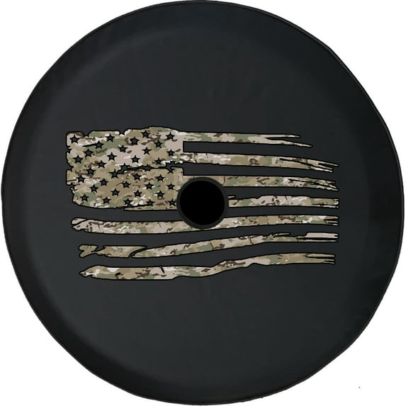 Black Tire Covers - Tire Accessories for Campers, SUVs, Trailers, Trucks, RVs and More | Military Camo American Flag Black 33 Inch with Backup Camera Hole
