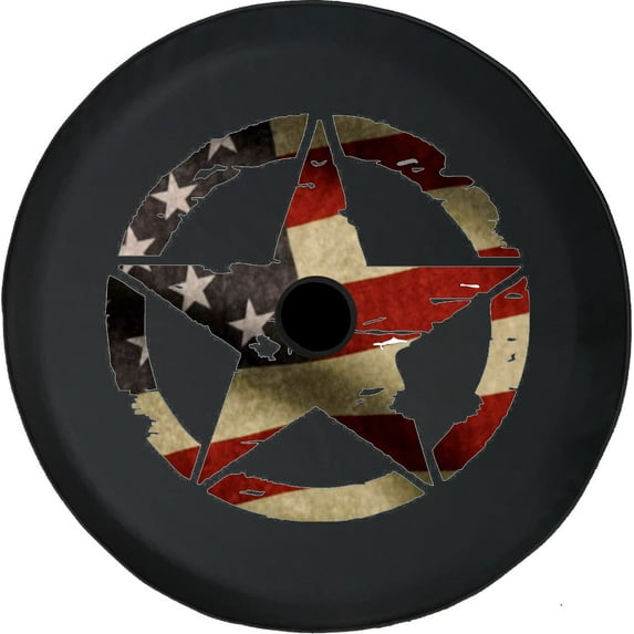 Black Tire Covers - Tire Accessories for Campers, SUVs, Trailers, Trucks, RVs and More | Military Star American Flag Black 32 Inch With Backup Camera Hole