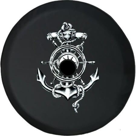 Black Tire Covers - Tire Accessories for Campers, SUVs, Trailers, Trucks, RVs and More | Nautical Ship Compass Anchor Black 32 Inch With Backup Camera Hole
