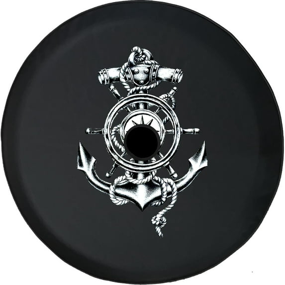 Black Tire Covers - Tire Accessories for Campers, SUVs, Trailers, Trucks, RVs and More | Nautical Ship Compass Anchor Black 33 Inch with Backup Camera Hole
