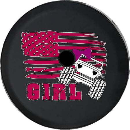 Black Tire Covers - Tire Accessories for Campers, SUVs, Trailers, Trucks, RVs and More | Pink American Flag Waving Offroad Black 32 Inch With Backup Camera Hole