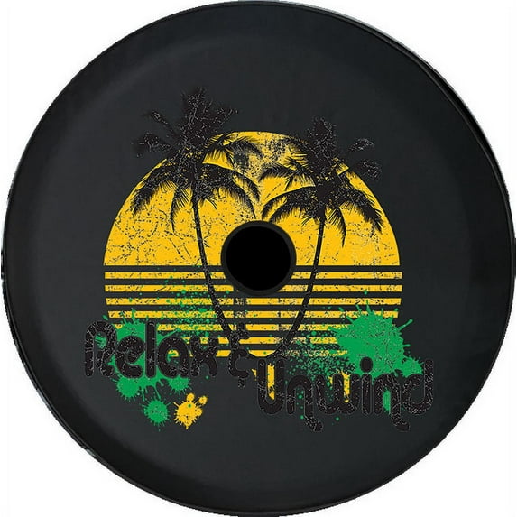 Black Tire Covers - Tire Accessories for Campers, SUVs, Trailers, Trucks, RVs and More | Retro Palm Trees Relax Unwind Black 33 Inch with Backup Camera Hole