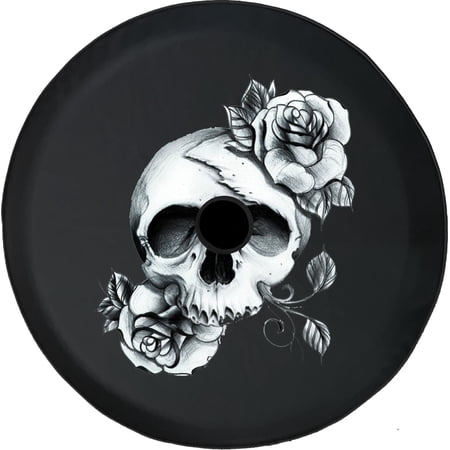 Black Tire Covers - Tire Accessories for Campers, SUVs, Trailers, Trucks, RVs and More | Skull and Roses in Bloom Black 32 Inch With Backup Camera Hole