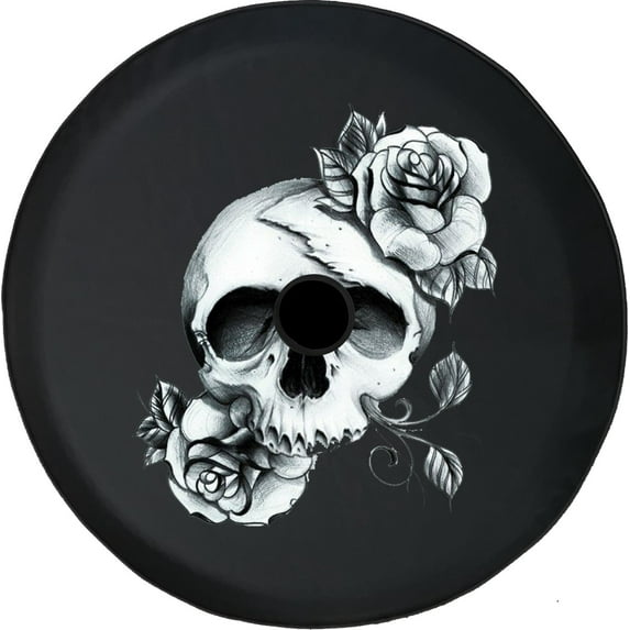 Black Tire Covers - Tire Accessories for Campers, SUVs, Trailers, Trucks, RVs and More | Skull and Roses in Bloom Black 33 Inch with Backup Camera Hole