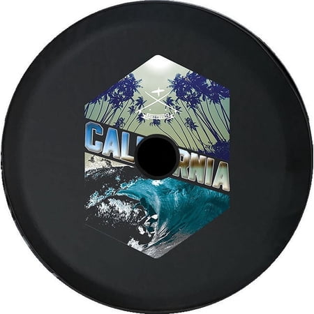 Black Tire Covers - Tire Accessories for Campers, SUVs, Trailers, Trucks, RVs and More | Surfer California Adventure Black 33 Inch with Backup Camera Hole