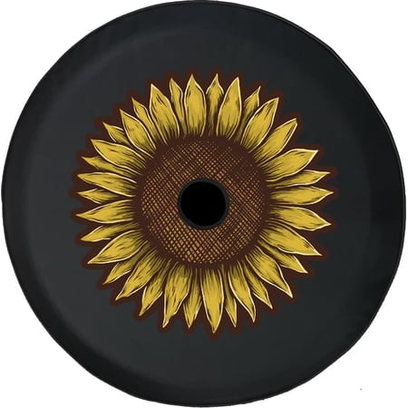 Black Tire Covers - Tire Accessories for Campers, SUVs, Trailers, Trucks, RVs and More | Vintage Retro Sunflower Black 32 Inch With Backup Camera Hole