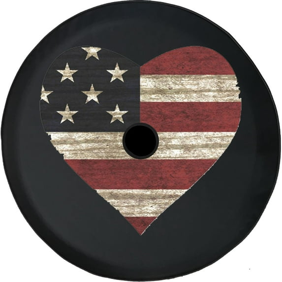 Black Tire Covers - Tire Accessories for Campers, SUVs, Trailers, Trucks, RVs and More | Vintage USA American Flag Heart Black 33 Inch with Backup Camera Hole
