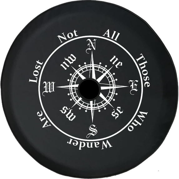 Black Tire Covers - Tire Accessories for Campers, SUVs, Trailers, Trucks, RVs and More | Not All Those Who Wander are Lost Compass Black 32 Inch With Backup Camera Hole