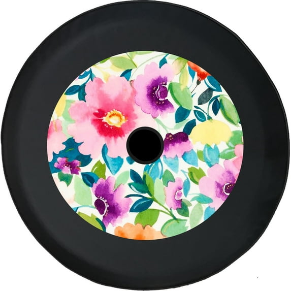 Black Tire Covers - Tire Accessories for Campers, SUVs, Trailers, Trucks, RVs and More | Watercolored Floral Pattern Black 32 Inch With Backup Camera Hole