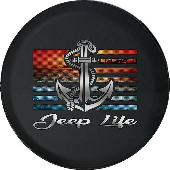 Black Tire Covers - Tire Accessories for Campers, SUVs, Trailers, Trucks, RVs and More | American Flag Beach Sunset Anchor Camper Black 32 Inch