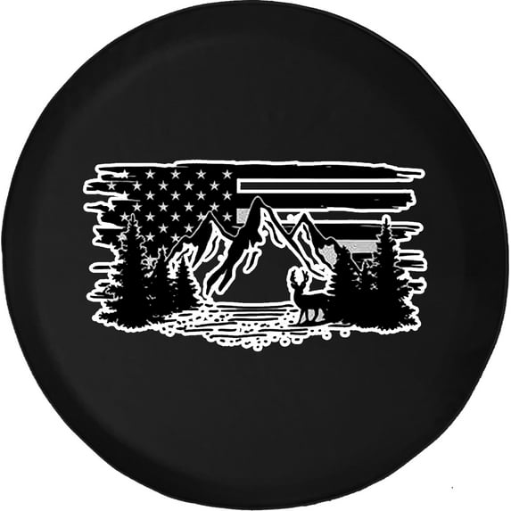 Black Tire Covers - Tire Accessories for Campers, SUVs, Trailers, Trucks, RVs and More | American Flag Mountains and Trees Black 28 Inch