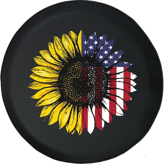 Black Tire Covers - Tire Accessories for Campers, SUVs, Trailers, Trucks, RVs and More | American Flag Sunflower Girl Black 35 Inch