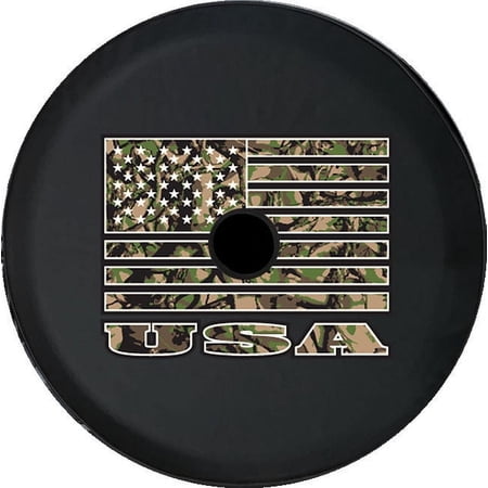 Black Tire Covers - Tire Accessories for Campers, SUVs, Trailers, Trucks, RVs and More | American Flag USA Black 32 Inch With Backup Camera Hole
