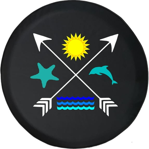 Black Tire Covers - Tire Accessories for Campers, SUVs, Trailers, Trucks, RVs and More | Beach Compass Water Sun Starfish Dolphin Black 30 Inch