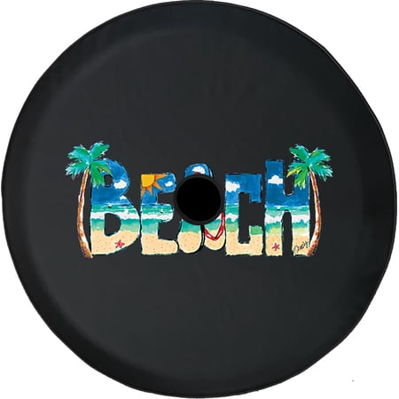 Black Tire Covers - Tire Accessories for Campers, SUVs, Trailers, Trucks, RVs and More | Beach Palm Trees Black 32 Inch With Backup Camera Hole