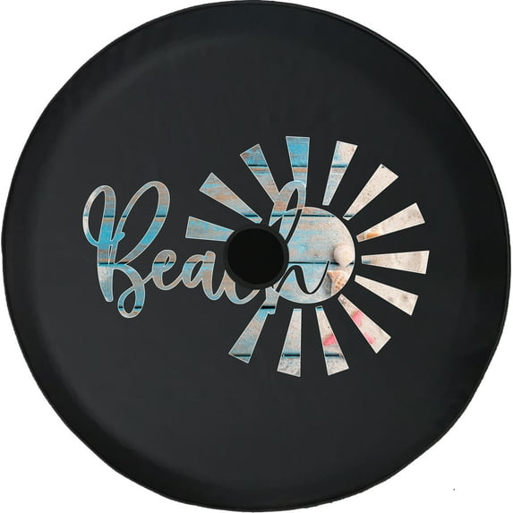 Black Tire Covers - Tire Accessories for Campers, SUVs, Trailers, Trucks, RVs and More | Beach Sun Sand Shells Black 33 Inch with Backup Camera Hole