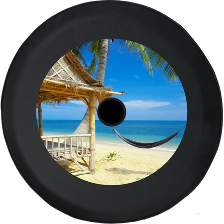 Black Tire Covers - Tire Accessories for Campers, SUVs, Trailers, Trucks, RVs and More | Beach Vacation Black 33 Inch with Backup Camera Hole
