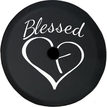 Black Tire Covers - Tire Accessories for Campers, SUVs, Trailers, Trucks, RVs and More | Blessed Heart Cross Black 32 Inch With Backup Camera Hole