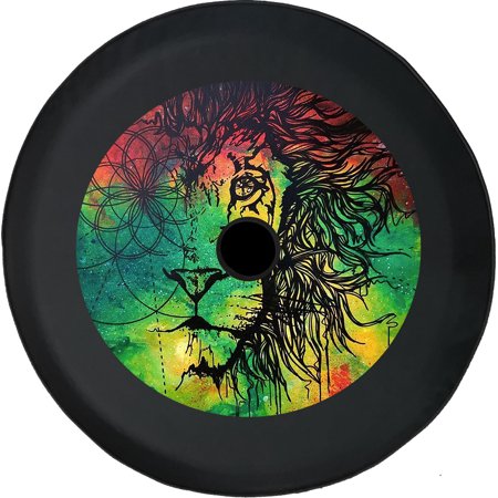 Black Tire Covers - Tire Accessories for Campers, SUVs, Trailers, Trucks, RVs and More | Boho Colorful Lion Black 33 Inch with Backup Camera Hole