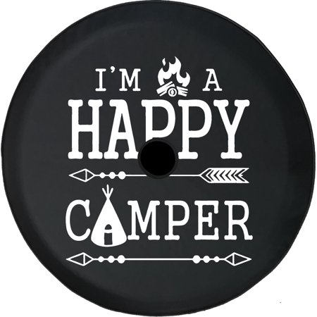 Black Tire Covers - Tire Accessories for Campers, SUVs, Trailers, Trucks, RVs and More | Boho Happy Camper Black 32 Inch With Backup Camera Hole
