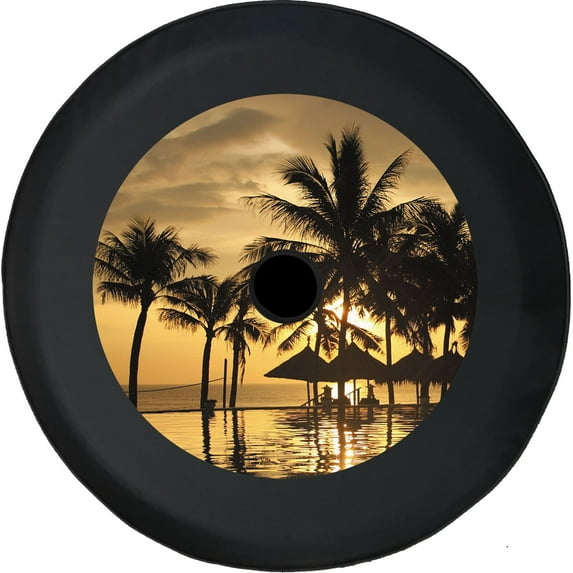 Black Tire Covers - Tire Accessories for Campers, SUVs, Trailers, Trucks, RVs and More | Caribbean Sunset Black 32 Inch With Backup Camera Hole