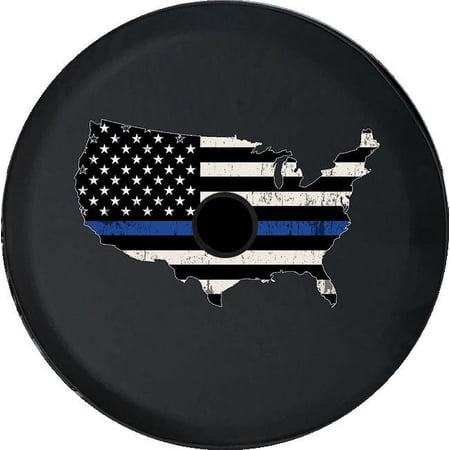 Black Tire Covers - Tire Accessories for Campers, SUVs, Trailers, Trucks, RVs and More | Dark Police Blue Line Black 32 Inch With Backup Camera Hole