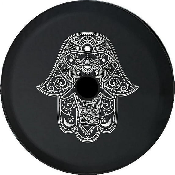 Black Tire Covers - Tire Accessories for Campers, SUVs, Trailers, Trucks, RVs and More | Elephant Mandala Hand Black 32 Inch With Backup Camera Hole