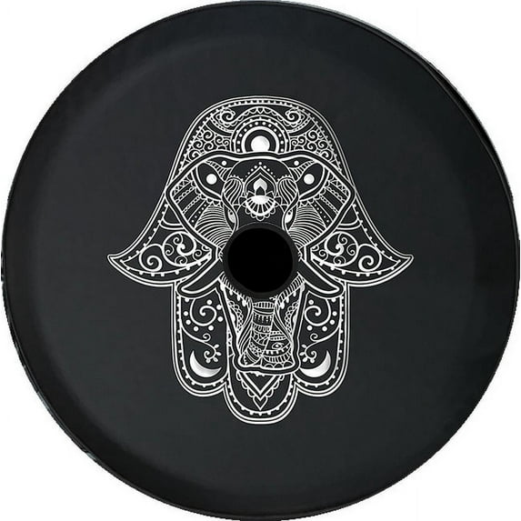 Black Tire Covers - Tire Accessories for Campers, SUVs, Trailers, Trucks, RVs and More | Elephant Mandala Hand Black 33 Inch with Backup Camera Hole