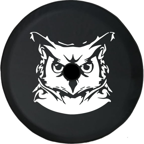 Black Tire Covers - Tire Accessories for Campers, SUVs, Trailers, Trucks, RVs and More | Fierce Owl Head Black 33 Inch with Backup Camera Hole