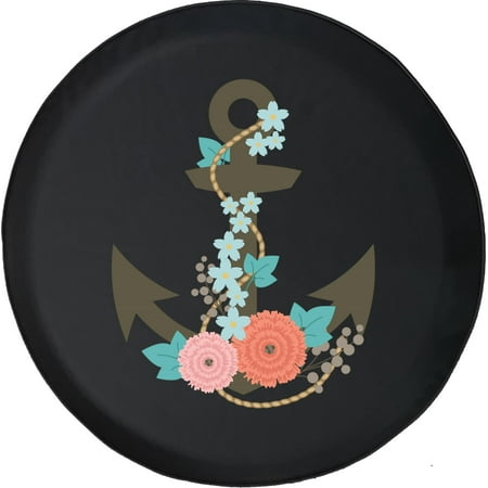 Black Tire Covers - Tire Accessories for Campers, SUVs, Trailers, Trucks, RVs and More | Floral Pattern Nautical Anchor Black 35 Inch
