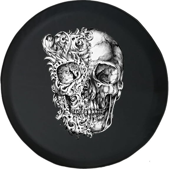 Black Tire Covers - Tire Accessories for Campers, SUVs, Trailers, Trucks, RVs and More | Gothic Vintage Tattoo Style Skull Black 28 Inch