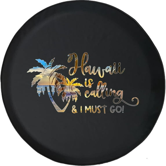 Black Tire Covers - Tire Accessories for Campers, SUVs, Trailers, Trucks, RVs and More | Hawaii is Calling Palm Trees Beach Sunset Black 32 Inch