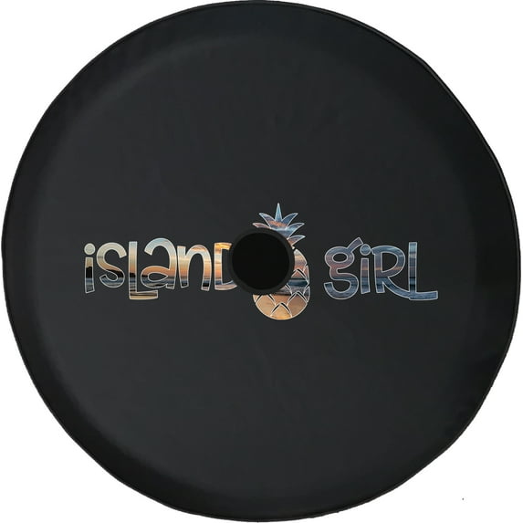 Black Tire Covers - Tire Accessories for Campers, SUVs, Trailers, Trucks, RVs and More | Island Girl Tropical Black 32 Inch With Backup Camera Hole