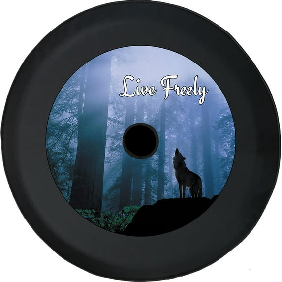 Black Tire Covers - Tire Accessories for Campers, SUVs, Trailers, Trucks, RVs and More | Live Freely Wolf Black 33 Inch with Backup Camera Hole