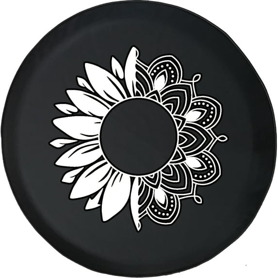 Black Tire Covers - Tire Accessories for Campers, SUVs, Trailers, Trucks, RVs and More | Mandala Daisy Sun Flower Pretty Black 33 Inch
