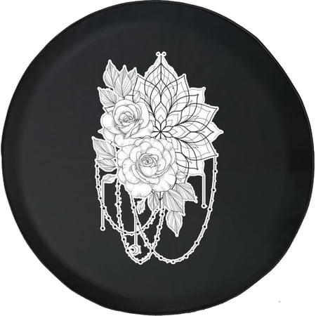 Black Tire Covers - Tire Accessories for Campers, SUVs, Trailers, Trucks, RVs and More | Mandala Roses Lotus Flower Tattoo Black 31 Inch