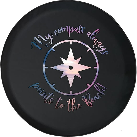 Black Tire Covers - Tire Accessories for Campers, SUVs, Trailers, Trucks, RVs and More | My Compass Always Points to The Beach Black 29 Inch