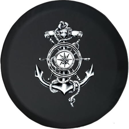 Black Tire Covers - Tire Accessories for Campers, SUVs, Trailers, Trucks, RVs and More | Nautical Ship Compass Anchor Black 35 Inch