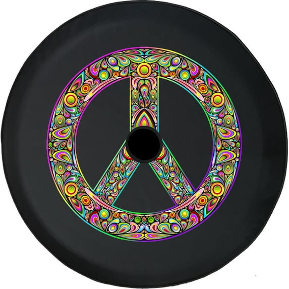 Black Tire Covers - Tire Accessories for Campers, SUVs, Trailers, Trucks, RVs and More | Psychedelic Peace Sign Black 33 Inch with Backup Camera Hole